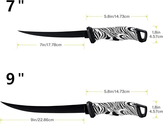 zebra-striped handle, black Teflon finish and white sheath exude a cool and lively sense, Non-Slip Grip Handles, with Ventilated Protective Sheath & Two-Stage Sharpener,  Fishing Bait Knife,