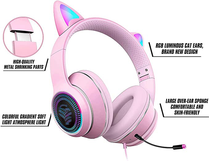 Cat Ear Gaming Headphones Wired AUX 3.5mm LED Light