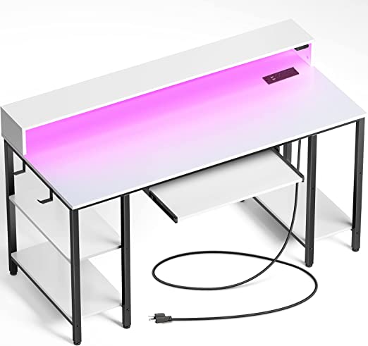 LED Lights Desk with Storage Shelf, Power Outlets, Height Adjustable Electric