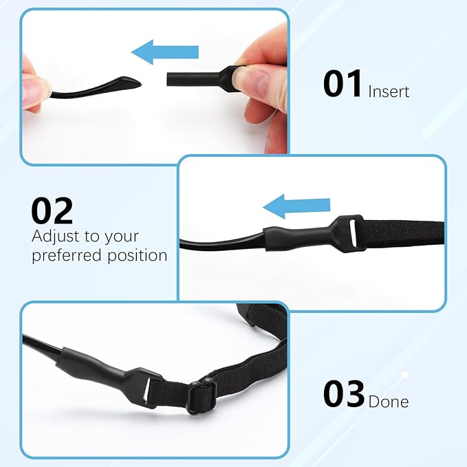 It empowers you to effortlessly adjust its length within the expansive range of 7.87 to 13 inches, suitable for the glasses leg frame width of 0.05 - 0.2 inches(Almost all frames of eyeglasses)