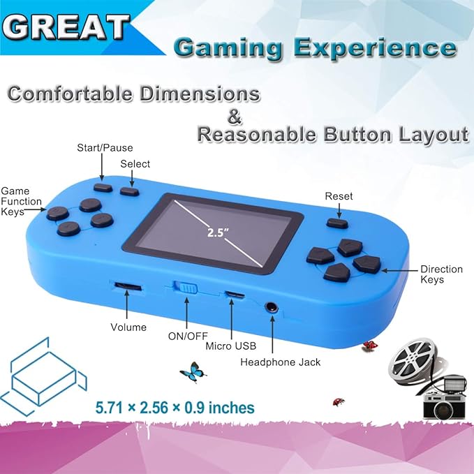 Retro Handheld Games for Kids with Built in 218 Classic Arcade Game 2.5'' Screen 3.5MM Headphone Jack USB Rechargeable