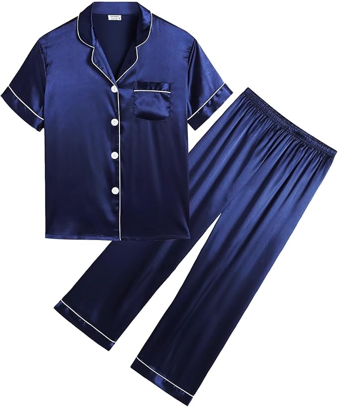 making you feel relax. Classic notch collar,chest pocket lend sophisticated detail.wo-Piece Lounge Sets Short Sleeve Sleepwear with Long Pants