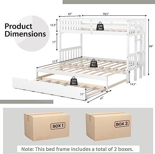 Pull-Out Bunk Bed with Trundle, Twin Over Full, Twin Over 2 Twins Bunk Bed with Ladder