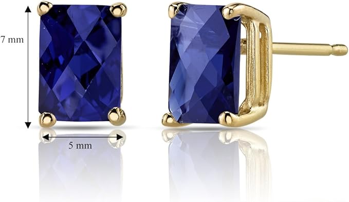 Flattering color that never overpowers yet elevates any style, Karat Yellow Gold, Classic Solitaire Studs, 7x5mm Radiant Cut, Blue Sapphire Earrings for Women - Girls