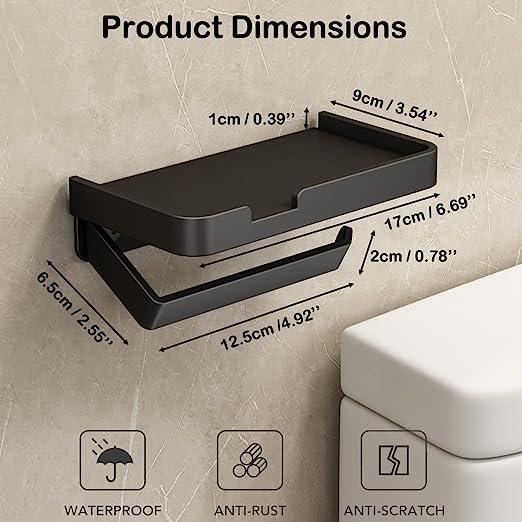 Toilet Paper Holder with Shelf Black, Adhesive Toilet Paper Holder Wall Mounted, Stainless Steel Paper Roll Holder Rustproof Tissue Roll Holder for Bathroom Washroom