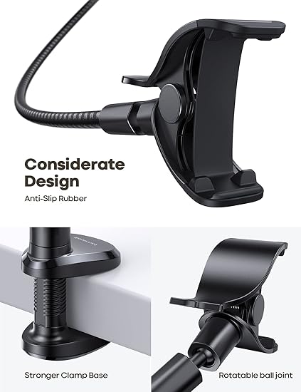 Flexible Arm, Overall Length 38in, 360 Adjustable Clamp Clip, Overhead Cell Phone Mount Stand for Bed,