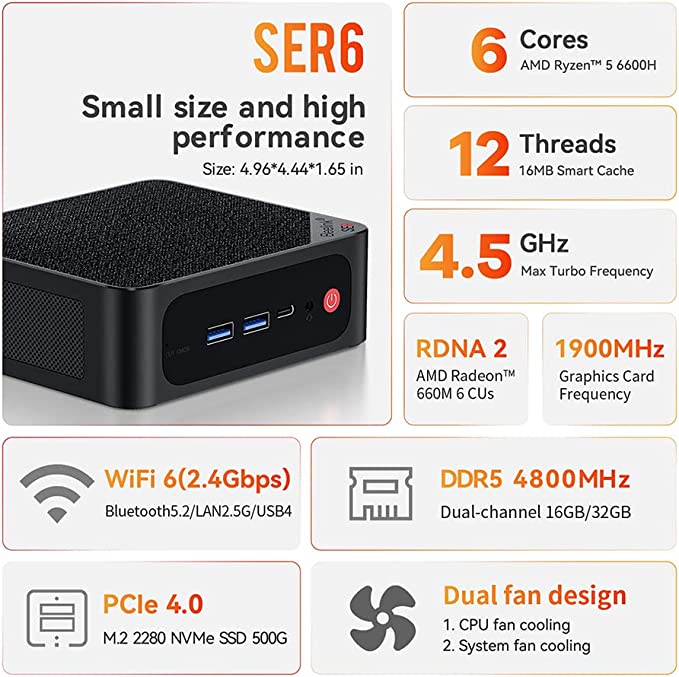 Beelink SER6 Versatile Mini PC, AMD Ryzen 5 6600H(up to 4.5GHz) 6C/12T, Mini Computer 16GB DDR5 RAM 500GB NVME SSD, Mini Desktop Computer 4K@60Hz Triple Display/WiFi6/BT5.2 for Gaming/Home/Office
