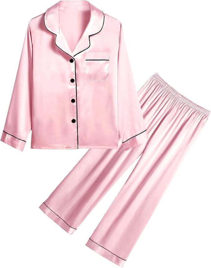 pajama sets is made of satin with some stretch touch, silky-smooth, very softly and comfy,  Silk Satin Pajamas Set Button-Down PJs Two-Piece Lounge Sets