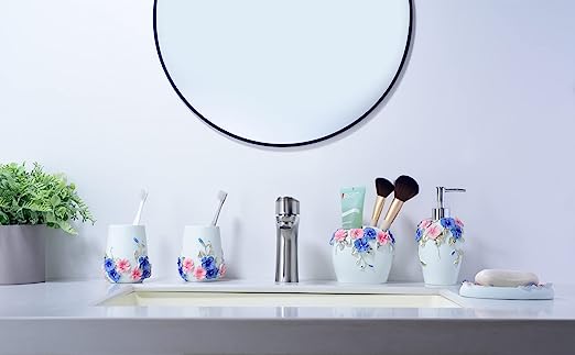 5 Piece, Ceramic Bath Accessory Set | Includes Liquid Soap or Lotion Dispenser w/Toothbrush Holder, Tumbler, Soap Dish | Moroccan Trellis