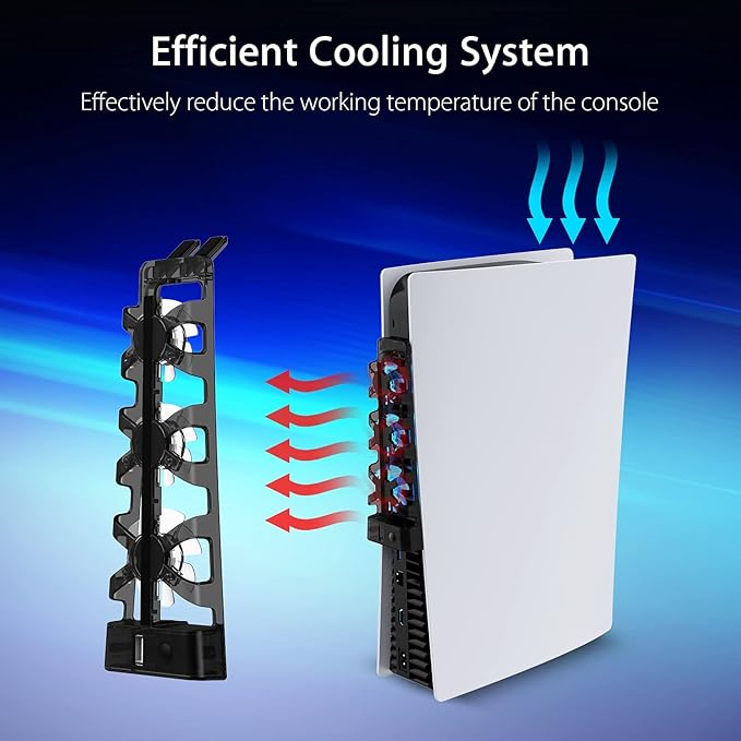 fans that help quickly dissipate excess heat created by the P-5 console, greatly improving the console's lifespan and performance. PS5 Accessories Cooling Fan with LED Light, Auto on/Off with System, Efficient Cooling System, Easy to Install,