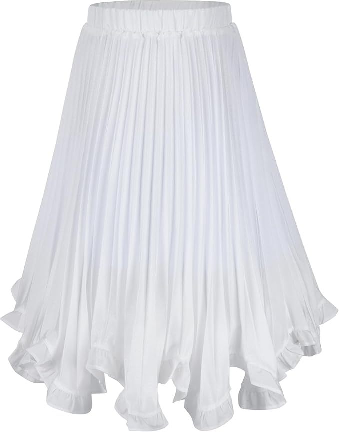 Blending girlish charm with modern design, this iconic skirt is ideal for showcasing youthfulness and school spirit, Cherry Girls Glossy Pleated Skirt Elastic Waist Ruffle Skirts Chiffon Long Skirt