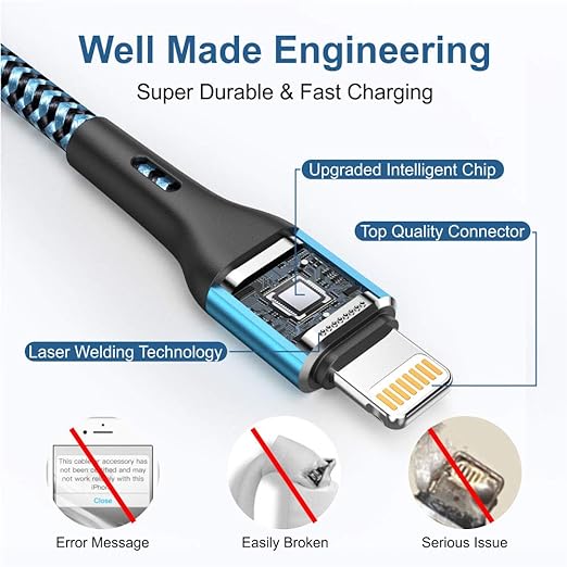 Supports maximum 2.4amp current and 480Mbps transfer speeds for your devices in 100% safe case. Certified Lightning Cable,Fast iPhone Charging Cord Nylon Braided Compatible iPhone 11/ XS/Max/XR/X/8/8P/7/7P/6/SE/iPad/iPod