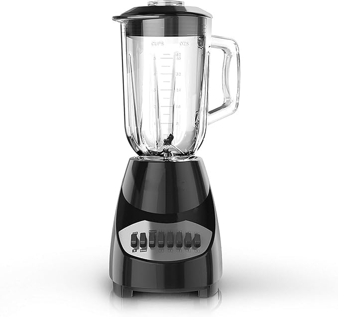The blender reaches 550 watts of power at peak performance*, and 350 watts of power for continuous use, Blender with 5-Cup Glass Jar, 10-Speed Settings