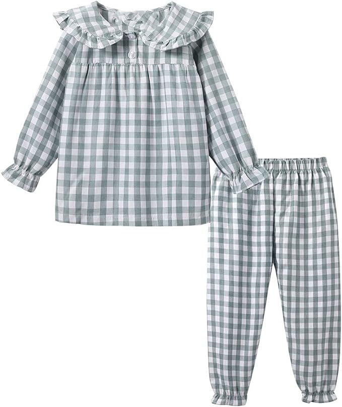 Soft Cotton Fabric: Crafted from 100% cotton, this children's plaid pajama set offers a soft and gentle touch against the skin, Girls Pajamas Set Collared Long Sleeve Sleepwear