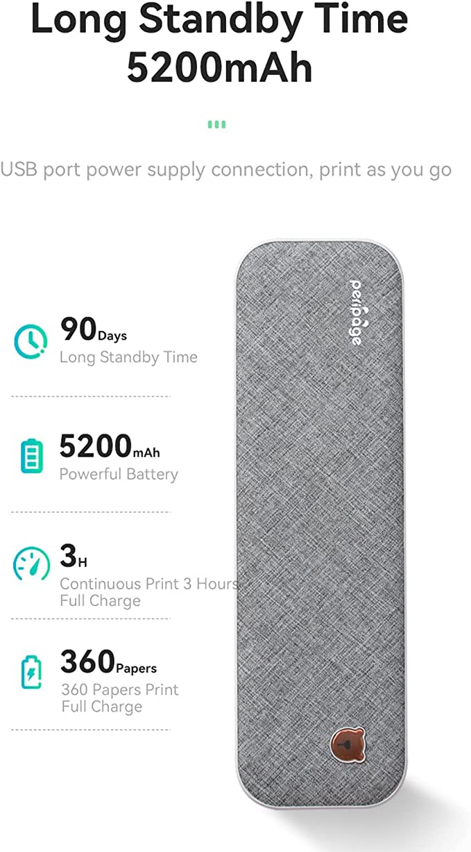 BISOFICE PeriPage Portable Printer, A4 Wireless Bluetooth Travel Printer, Portable Thermal Printer Compatible with Android and iOS, Support 2''/3''/4'' Paper Width, Mobile Printer (Grey)