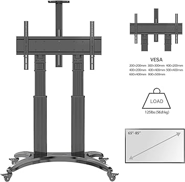 The arc design concept, plus two aluminum made columns design, Mobile TV Cart for 65-85 Inch Flat Screens, Rolling TV Stand with Load Capacity up to 125lbs