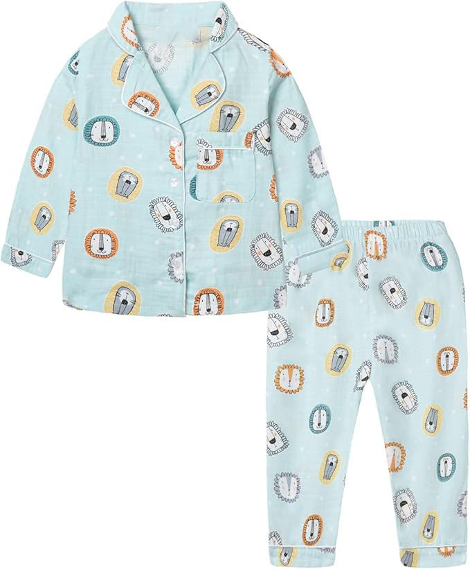 This pajama set features a fixed elastic waistband with an adjustable drawstring. The pajama pants have a convenient front fly.