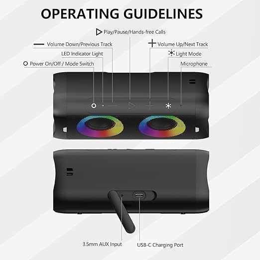 Provide an immersive stereo sound experience for all music, gaming, and movie lovers, Bluetooth Speaker with Lights, 30W Stereo Sound, Bass Boost, IPX5 Waterproof, 20H Playtime, Portable Wireless Speaker with Built-in Mic, for Party