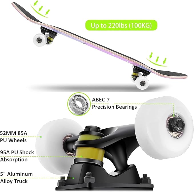 flexible steering, good resilience, non-slip and stable sliding。Use ABEC-7 high speed bearing,  7 Layers Decks 31