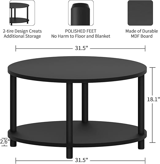 ,Sturdy Metal Legs, Easy to Assemble, Round Coffee Table for Living Room, 31.5’’ 2 Tier Black Wooden Coffee Table with Open Storage