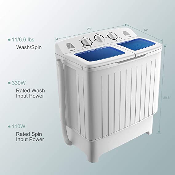 Portable Washing Machine, Twin Tub 17.6Lbs Capacity, Washer(11Lbs) and Spinner(6.6Lbs), Durable Designe