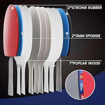 】The rackets are made up of 7-ply blades with 7 mm thickness,crafted with durable rubber with premier thickness and balance for improved ball speed, control, Premium Rackets with Advanced Speed,