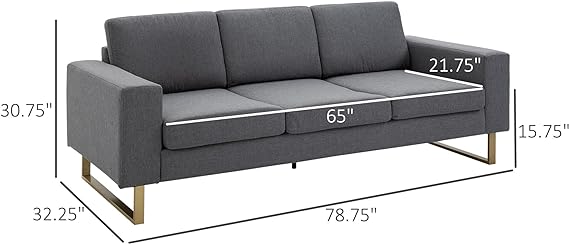 Solid structure with reinforced spray legs ensures stability and durability, 3 Seat Sofa, Linen Upholstered Cozy Padded Couch with Steel Leg