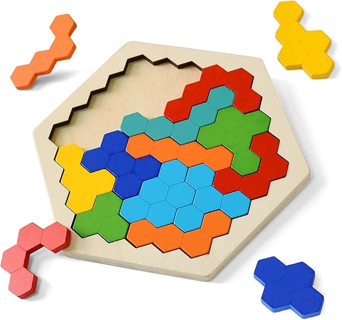 Instead of giving tablets/ mobiles to the kids for playing games its better to give this kind of wooden toys which increases their thinking, Pcs Wooden Colorful Hexagon Fun Geometry Logic Tangram Puzzles Table IQ Game STEM