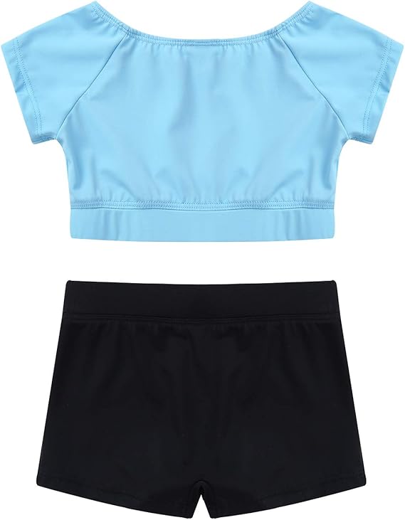 Outfit is made of polyester and spandex material, hand wash, shorts with elastic waistband, band on leg to prevent gapping. Stretchy fabric, comfortable to wear