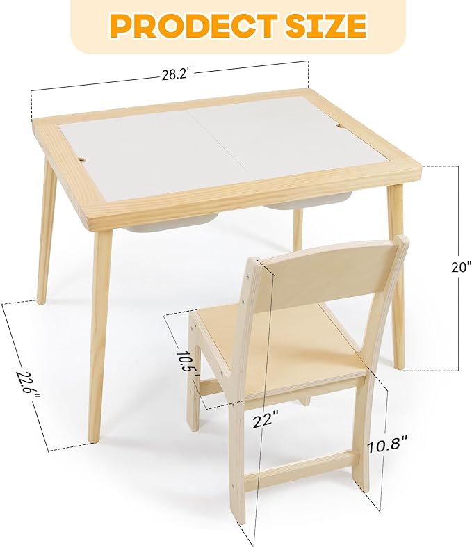 With superior craftsmanship and solid wood quality, this table enhances children's learning and play experiences. Table with 3 Storage Bins and Wooden Chair,