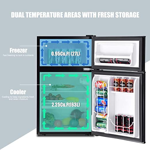 Mini Freezer Cooler Fridge w/2 Reversible Door, Removable Glass Shelves