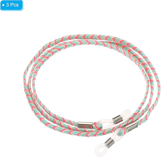 eyeglass chain cords end. 2. Slide the buckles down, let the eyeglass arms get through the hole of the lanyard. 3. Slide the buckles up,
