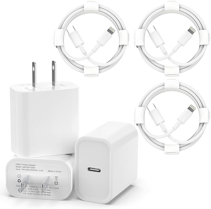 You Get:3 Pack 6 ft long Apple MFI-certified USB C to Lightning cable and 3 super apple fast-charging USB C wall chargers, 6FT Long Type C to Lightning Cables for iPhone 14 Pro Max iPhone 13 Pro 12 Mini 11XR AirPods