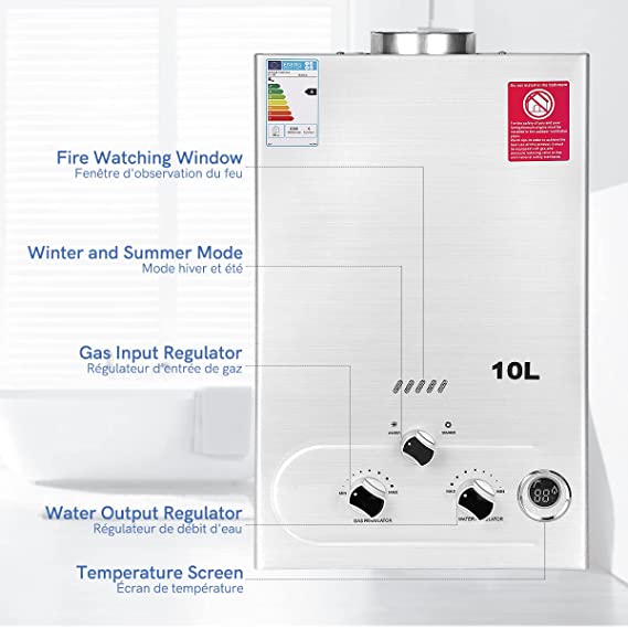 BreeRainz 10LPM Gas Water Heater,20KW Propane Tankless Water Heater with Supercharged Shower,LPG Propane Butane Applicable,2.8psi Low Starting Water Pressure,for Home,RV and Outdoor