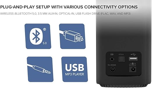 deep tones without the need for a subwoofer,  up to 80W Peak Power with Bluetooth 5.0, Optical-in, AUX-in, Wide Soundstage and Audio Clarity with Bass Control