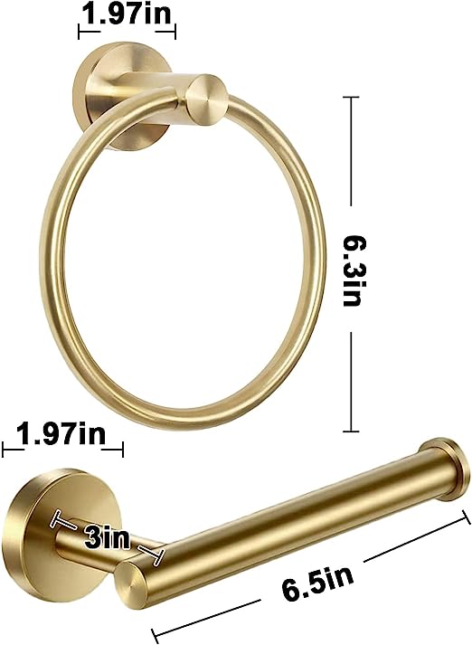 Gold Towel Ring Set, Bathroom Hardware Includes Toilet Paper Holder and Towel Holder 2 Pieces Wall Mount Brushed Gold Bathroom Accessories Stainless Steel