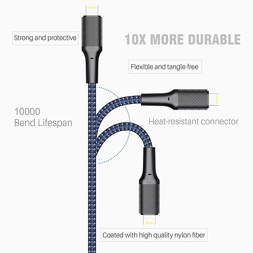 cable more durable and sturdier than normal iPhone charger cables but also flexible and tangle-free, 10 Foot iPhone Charging Cord 10 Feet Compatible for iPhone 12/11/11 Pro/X/Xs Max/XR/8/8 Plus/7/6/6s/SE/5c/5s/5 iPad Air 2/Mini Airpods