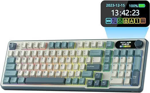 connection modes, backlit brightness/speed, RGB modes/colors with a simple twist or click of the knob.Top Mount 96% Wireless Mechanical Keyboard BT/2.4G/USB-C, Hot Swappable, Software Support, Massive Battery, 98 Keys