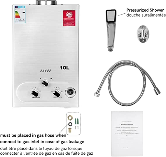 BreeRainz 10LPM Gas Water Heater,20KW Propane Tankless Water Heater with Supercharged Shower,LPG Propane Butane Applicable,2.8psi Low Starting Water Pressure,for Home,RV and Outdoor