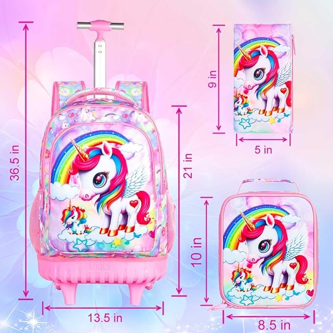 Kids Unicorn School Backpacks with Wheels,Travel Roller Wheeled Bookbag, unicorn soars through the Milky Way freely
