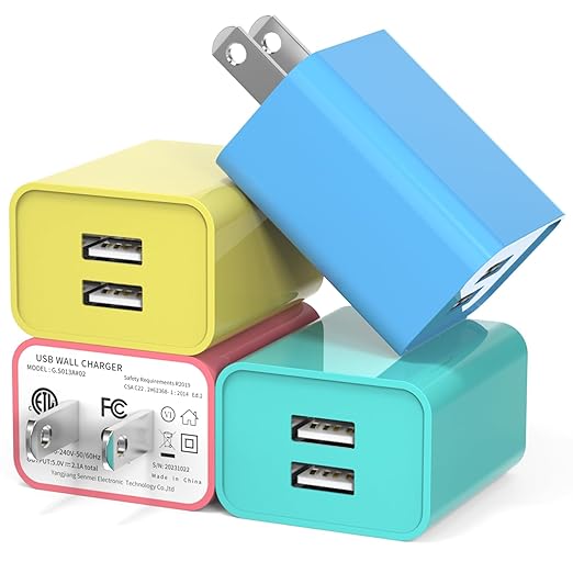 Dual usb charger block output current 5v/2.1a, input 100-240v, can simultaneously charge two mobile devices at high speed, 2.1A Dual Port USB Plugs for Wall Outlet, USB Cube for iPhone, Samsung Galaxy, iPad, Tablet, Android Phone
