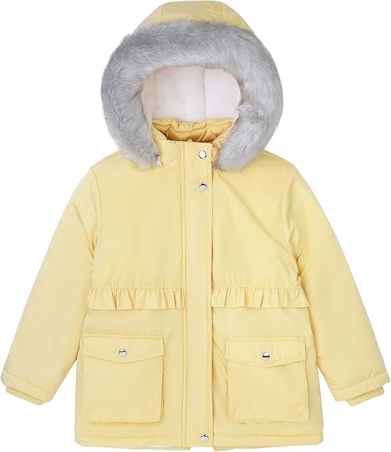 The high stand collar around the neck to shield the cold rain and air from the top. 2 fleece lined zipper pockets cozy your hands. Fur-Hood Sherpa Lining Water-Resistant Little Girls Jacket