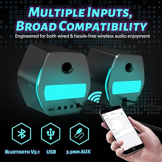 32W total peak power to deliver unexceptionable sound quality and strong bass, Speakers for Laptop Mac Desktop Computer Woofer Speakers Bluetooth USB 3.5mm AUX Inputs RGB Lights Multimedia Speakers