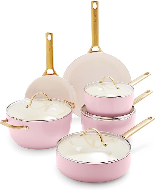 Kitchen Nonstick Induction Cookware Sets - 10  Piece Nonstick Cast Aluminum Pots - Pink