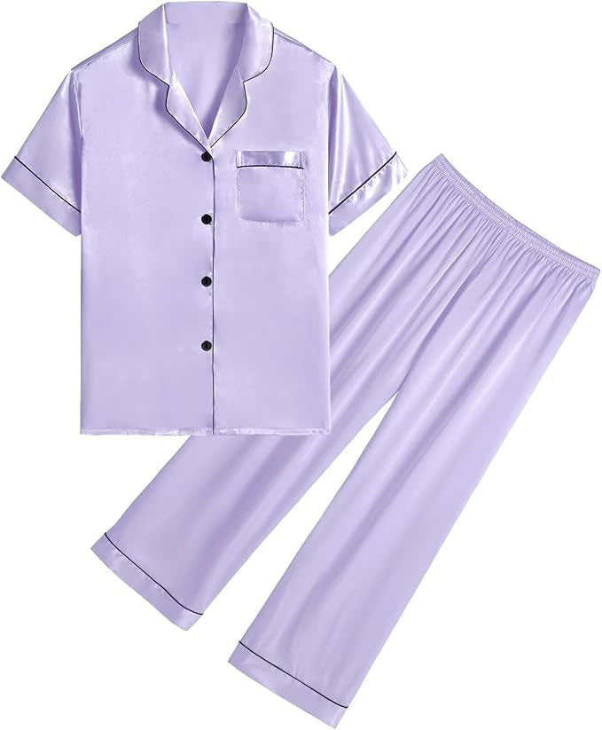 pajama sets is made of satin with some stretch touch, silky-smooth, very softly and comfy.Satin Pajamas Set Button-Down PJs Two-Piece Lounge Sets Short Sleeve Sleepwear with Long Pants