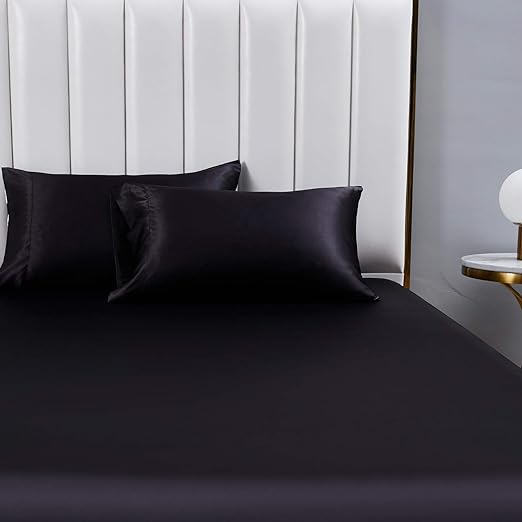 Satin Cooling Pillow Covers with Envelope Closure, 20x26 Inches,  Black Silk Satin Pillowcases Set of 2