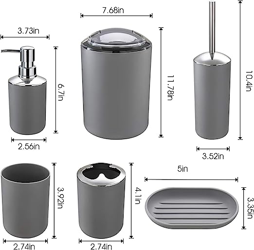 6 Piece Bathroom Accessories Set,Plastic Bath Ensemble Bath Set Lotion Bottles, Toothbrush Holder, Tooth Mug, Soap Dish, Toilet Brush, Trash Can