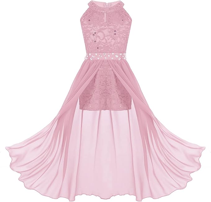 Sequin waistline attaches with high-low chiffon hem; flowy skirt echoes with ribbon, eye-catching and unique
