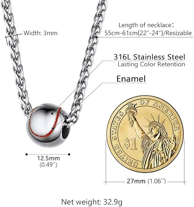 necklace features a 3D baseball and is designed for unisex wear, Stainless Steel Softball Necklace, Baseball Chains, Mens Sports Jewelry,
