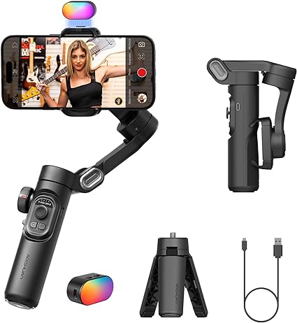 .The RGB Magnetic Fill Light has 7 different light colours that can be switched at will to suit a variety of scenes. Smartphone Gimbal Phone Stabilizer Smartphone Gimbal Video Recording estabilizador Magnetic Fill Light 3-Axis Foldable Android Gimble